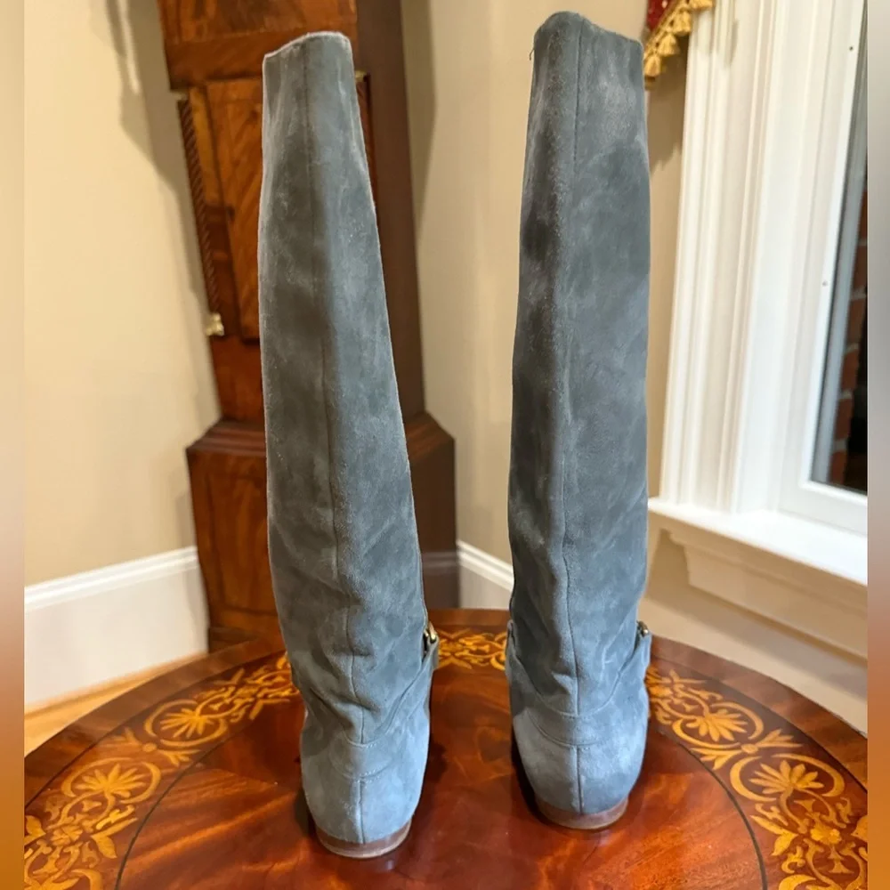 Vintage Y2K Botkier Grey Suede Knee high boots w/Gold Chain Size 37.5/7 $398